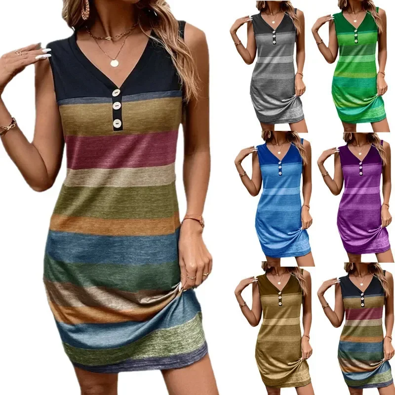 Women's Summer Sleeveless Dress Fashion Casual Striped Printed Mini Dresses Feamle V-Neck Button Party Dress 2025 New
Women's Summer Sleeveless Dress Fashion Casual Striped Printed Mini Dresses Feamle V-Neck Button Party Dress 2025 New