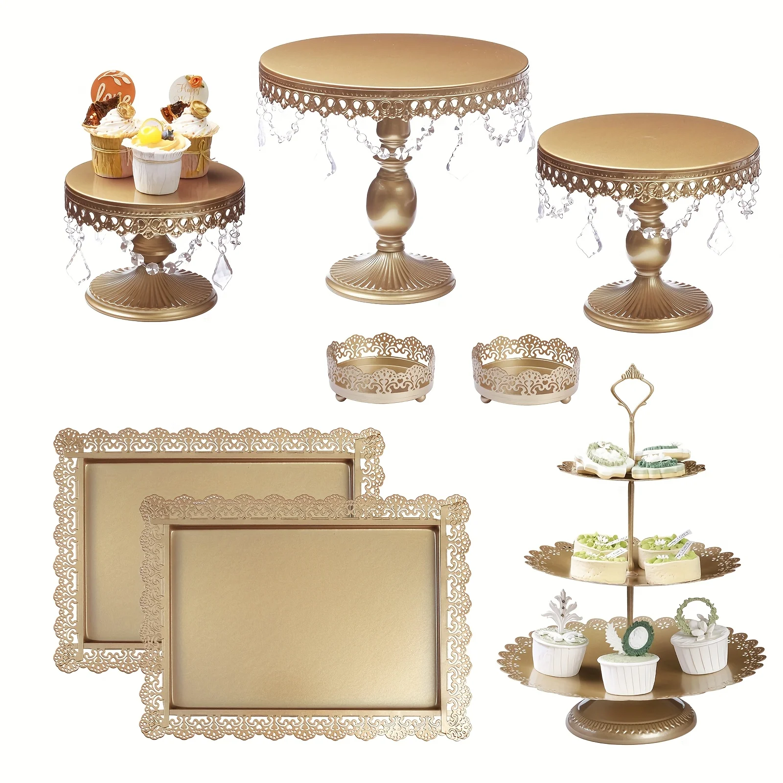 Set of 8 Golden Cake Stands with Crystal Bling Pendants, Round Metal Dessert Table Display Set, 3-Tier CupCake Tower Displaying Table for Birthday Party Baby Shower Wedding Decor Christmas Decorations
Set of 8 Golden Cake Stands with Crystal Bling Pendants, Round Metal Dessert Table Display Set, 3-Tier CupCake Tower Displaying Table for Birthday Party Baby Shower Wedding Decor Christmas Decorations