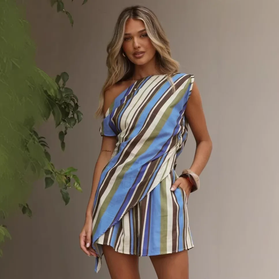 Women's Summer Vertical Stripe Asym One Shoulder Wrap Top Matching Loose Short Set Casual Beach Vacation Outfit Two Piece Suit
Women's Summer Vertical Stripe Asym One Shoulder Wrap Top Matching Loose Short Set Casual Beach Vacation Outfit Two Piece Suit