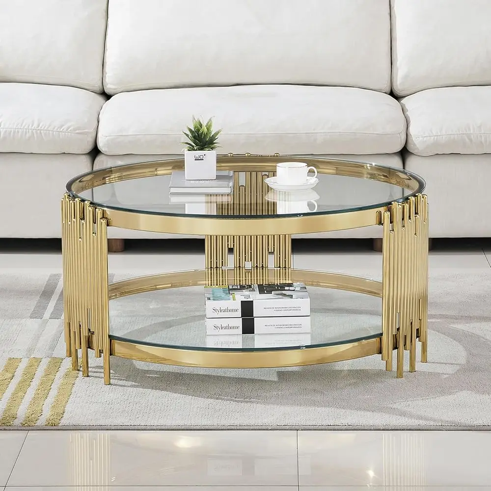 36" Round Glass Coee Table, 2-Tier Gold Center Table with StainlSteel Legs and Clear Tempered Glass, ern Luxury Coee Table or Li
36" Round Glass Coee Table, 2-Tier Gold Center Table with StainlSteel Legs and Clear Tempered Glass, ern Luxury Coee Table or Li