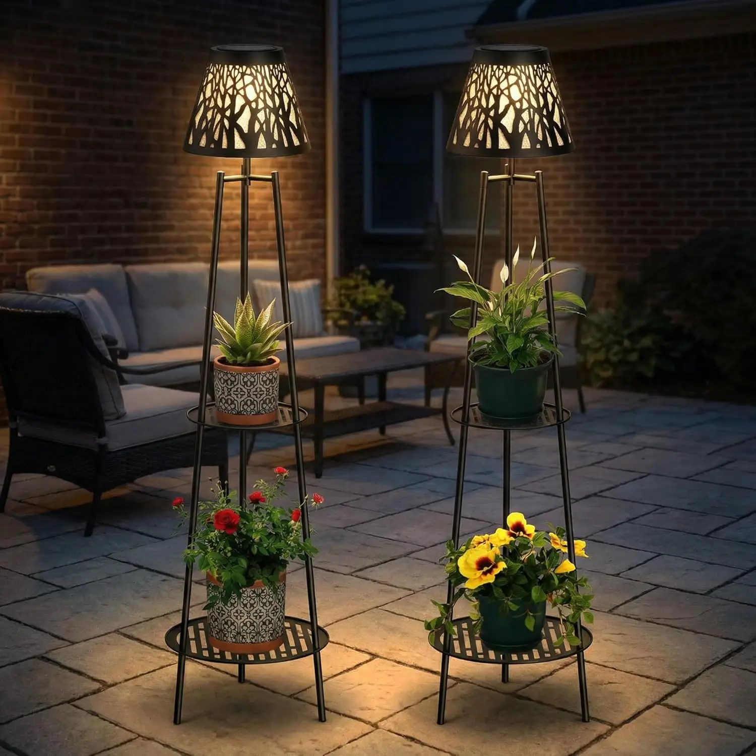 2 Pack Solar Floor Lamps Outdoor with 2-Tier Plant Stand, Metal Tall Planter Holder with Waterproof LED Lantern, Decorative Pati
2 Pack Solar Floor Lamps Outdoor with 2-Tier Plant Stand, Metal Tall Planter Holder with Waterproof LED Lantern, Decorative Pati