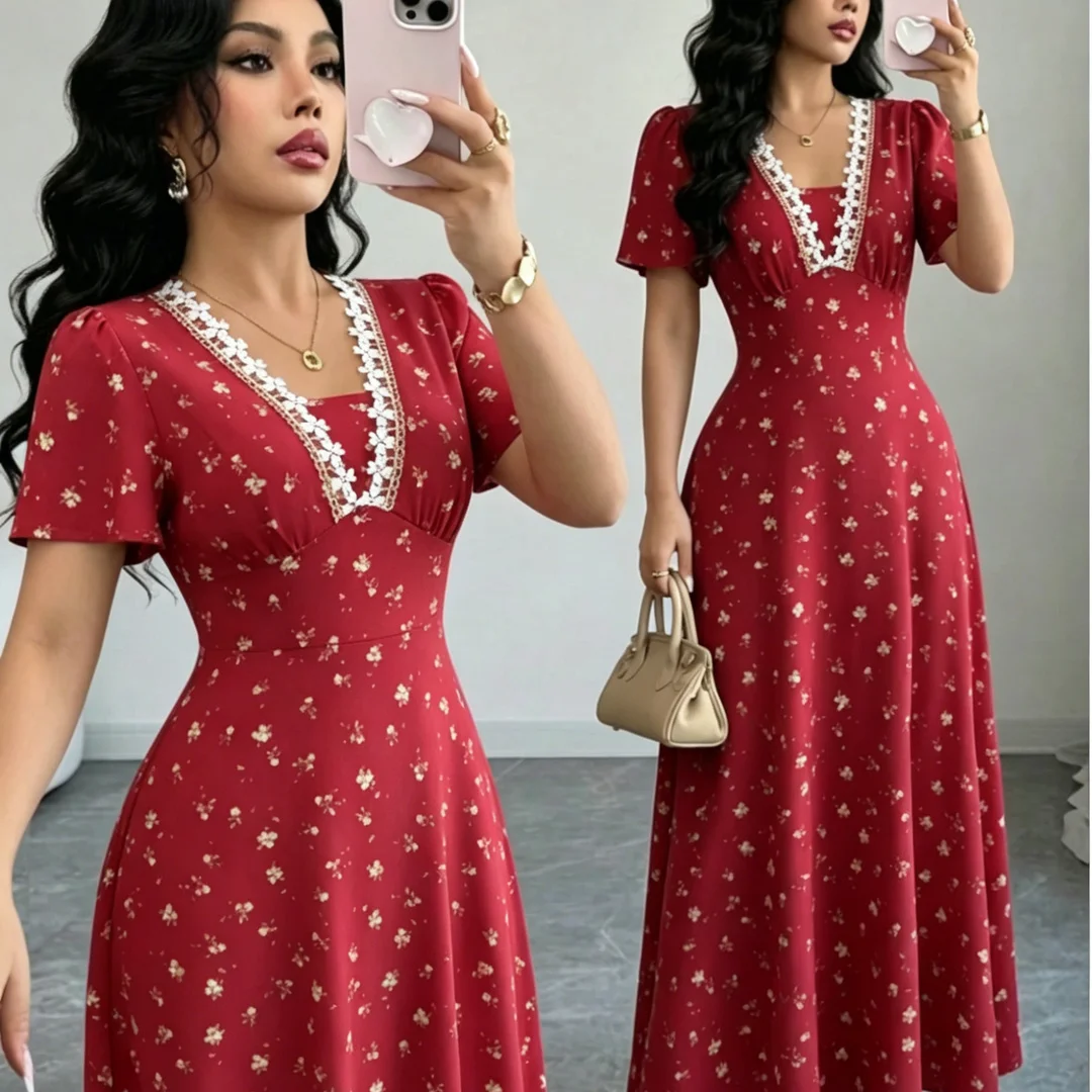 Plus Size Women Red Floral Maxi Dress Elegant V Neck Lace Trim Short Sleeve A Line Long Dress Vintage High Waist Summer Party Dr
Plus Size Women Red Floral Maxi Dress Elegant V Neck Lace Trim Short Sleeve A Line Long Dress Vintage High Waist Summer Party Dr