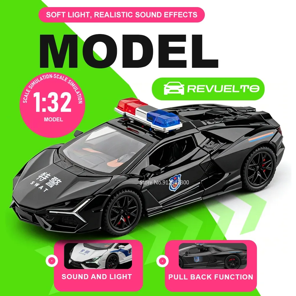 1:32 Scale Revuelto Police Car Model Toy Doors Opened Sound Light Sports Cars Pull Back Alloy Body Vehicle Hobby Decorations
1:32 Scale Revuelto Police Car Model Toy Doors Opened Sound Light Sports Cars Pull Back Alloy Body Vehicle Hobby Decorations