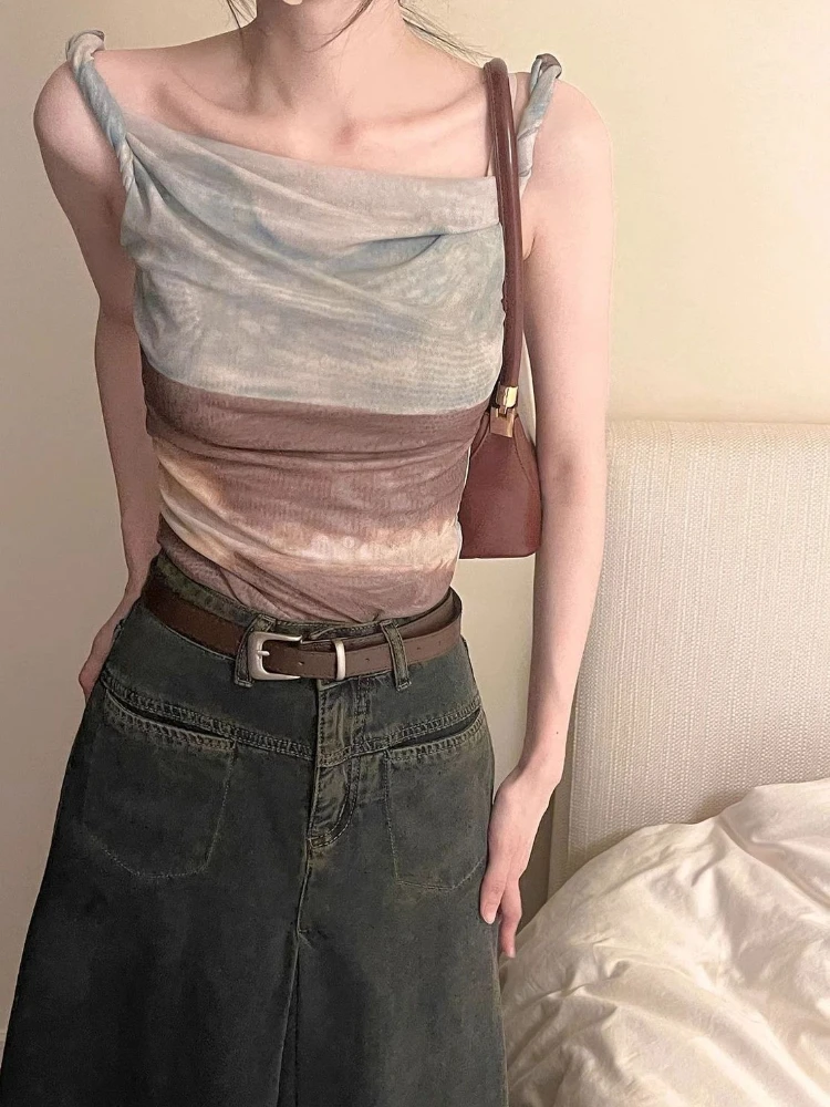 Women Summer Abstract Oil Painting Sheer Mesh Asymmetric Camisole Crop Top Off Shoulder Layering Sweet Sexy Blouse
Women Summer Abstract Oil Painting Sheer Mesh Asymmetric Camisole Crop Top Off Shoulder Layering Sweet Sexy Blouse