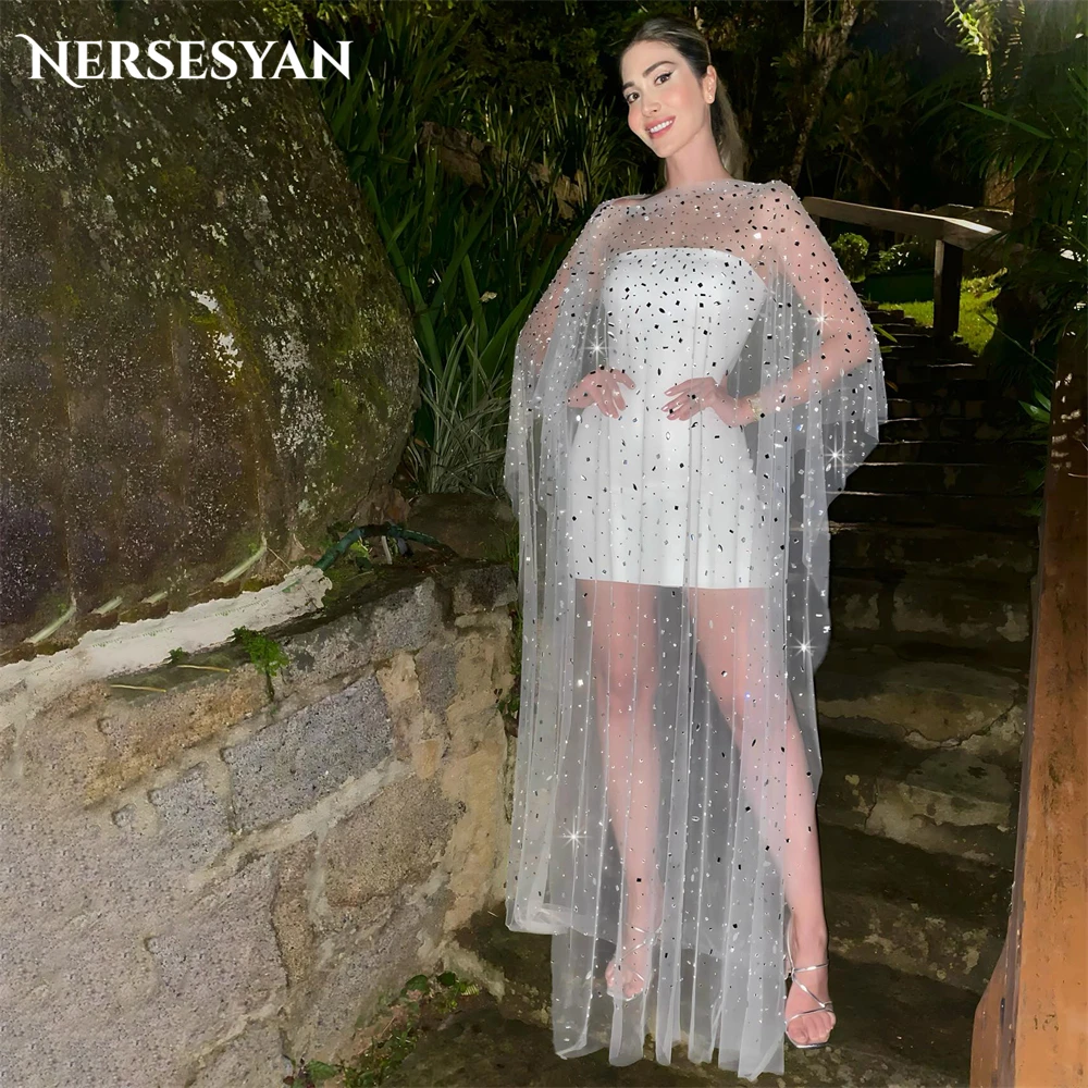 Nersesyan Glitter Sexy Wedding Dresses Solid Mini Off Shoulder Backless Bridal Gowns With Sparkly Cape Sleeveless Bride Dress
Nersesyan Glitter Sexy Wedding Dresses Solid Mini Off Shoulder Backless Bridal Gowns With Sparkly Cape Sleeveless Bride Dress