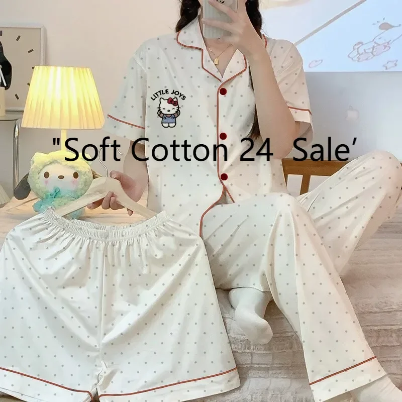 Cartoon polka dot Hello Kitty, women's short-sleeved shorts and trousers three-piece pajamas, cute Hello Kitty loungewear
Cartoon polka dot Hello Kitty, women's short-sleeved shorts and trousers three-piece pajamas, cute Hello Kitty loungewear