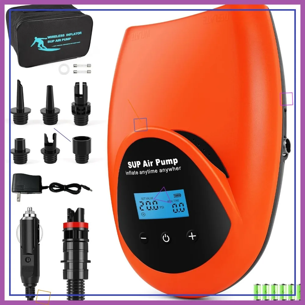 Rechargeable SUP Electric Pump, 20 PSI Dual-Stage with 4 Preset Modes, Auto Shut-Off for Paddle Boards, Kayaks, Tents
Rechargeable SUP Electric Pump, 20 PSI Dual-Stage with 4 Preset Modes, Auto Shut-Off for Paddle Boards, Kayaks, Tents