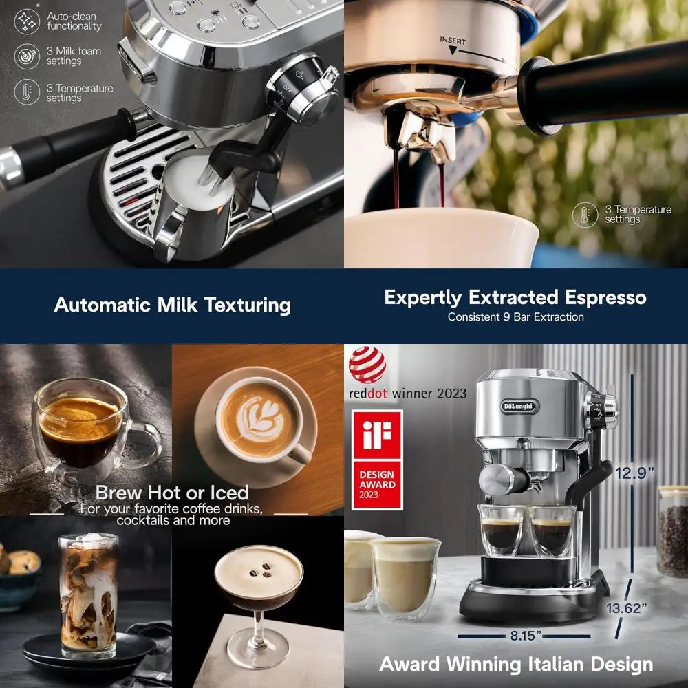 Dedica Maestro Plus hine, Automatic Steam Wand, 3 Coee Temp & Milk oam Settings, 54oz Removable Tank, Easy-to-Clean Dishwasher-S
Dedica Maestro Plus hine, Automatic Steam Wand, 3 Coee Temp & Milk oam Settings, 54oz Removable Tank, Easy-to-Clean Dishwasher-S