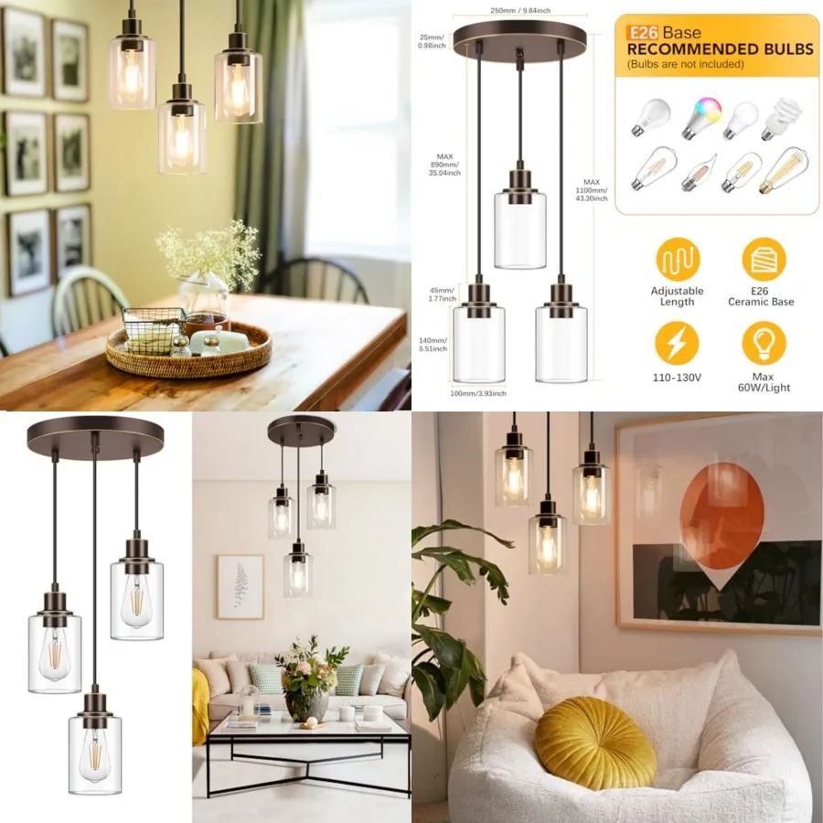 Industrial 3-Light Pendant Light, Adjustable Hanging Light Fixture with Clear Glass Shade, Pendant Lighting E26 Base Ceiling La
Industrial 3-Light Pendant Light, Adjustable Hanging Light Fixture with Clear Glass Shade, Pendant Lighting E26 Base Ceiling La