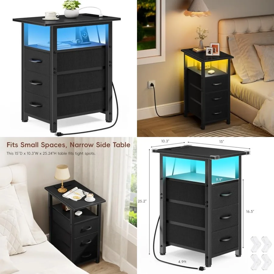 Nightstand with Charging Station and LED Lights, Narrow End Table, LED Nightstand with 3 Fabric Drawers for Bedroom, Small Nigh
Nightstand with Charging Station and LED Lights, Narrow End Table, LED Nightstand with 3 Fabric Drawers for Bedroom, Small Nigh