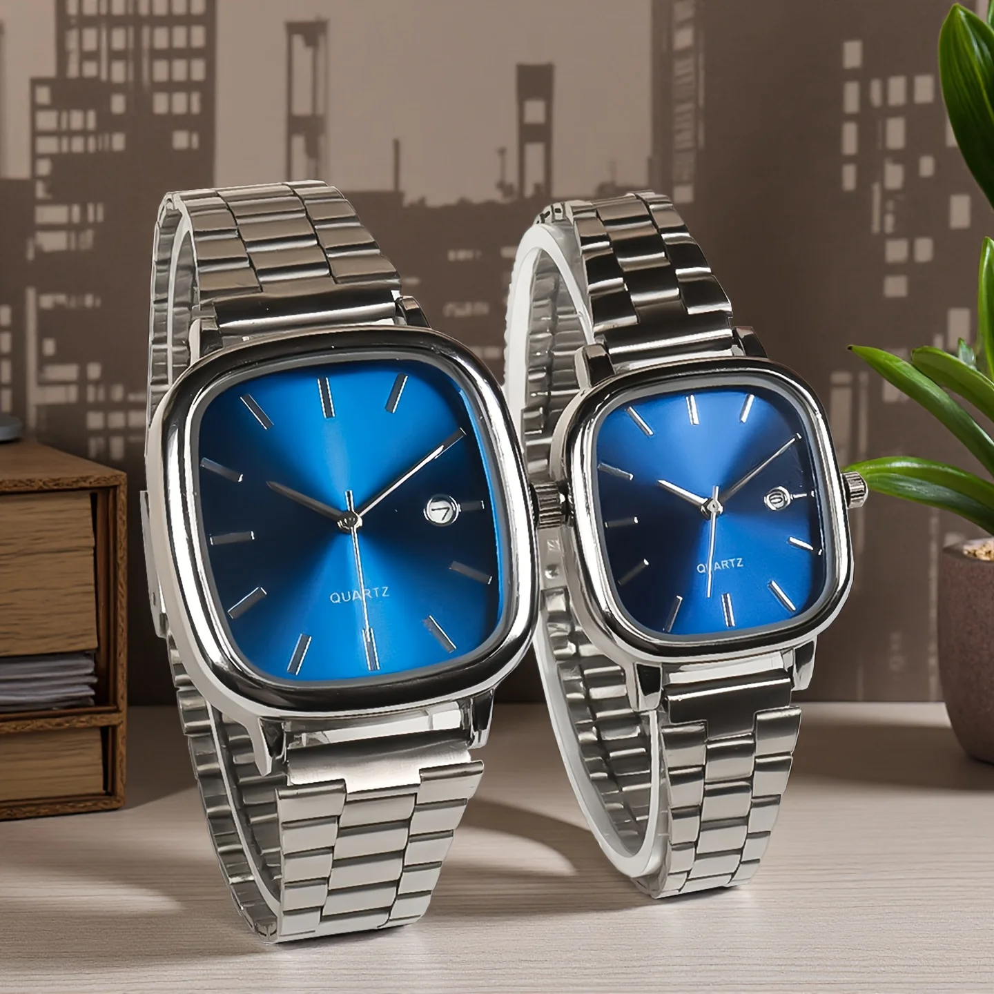 Square Couple Watch Set Blue Dial Stainless Steel Band Quartz Wristwatch with Calendar
Square Couple Watch Set Blue Dial Stainless Steel Band Quartz Wristwatch with Calendar