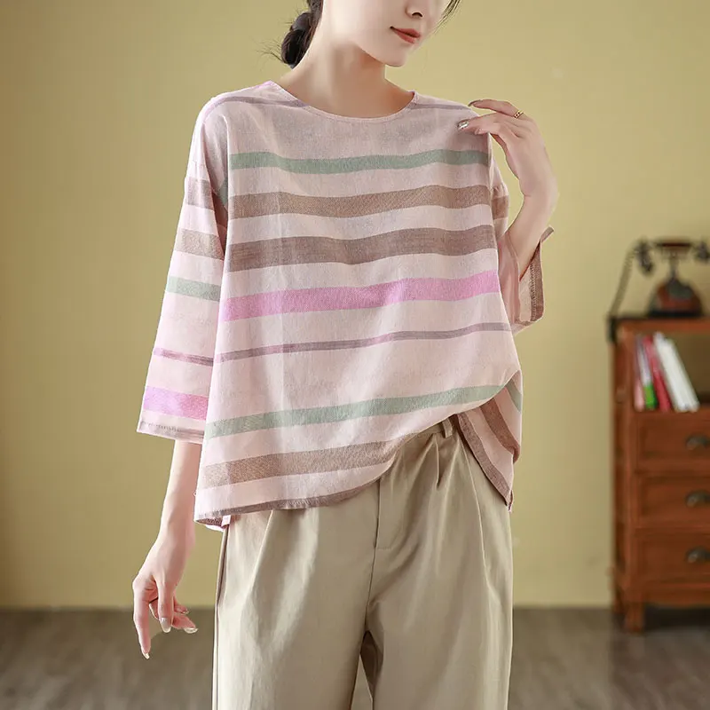 Korean Style plus Size Women's Cotton Linen round Neck Breathable Pullover Summer Base Shirt Top for Commute Artistic
Korean Style plus Size Women's Cotton Linen round Neck Breathable Pullover Summer Base Shirt Top for Commute Artistic
