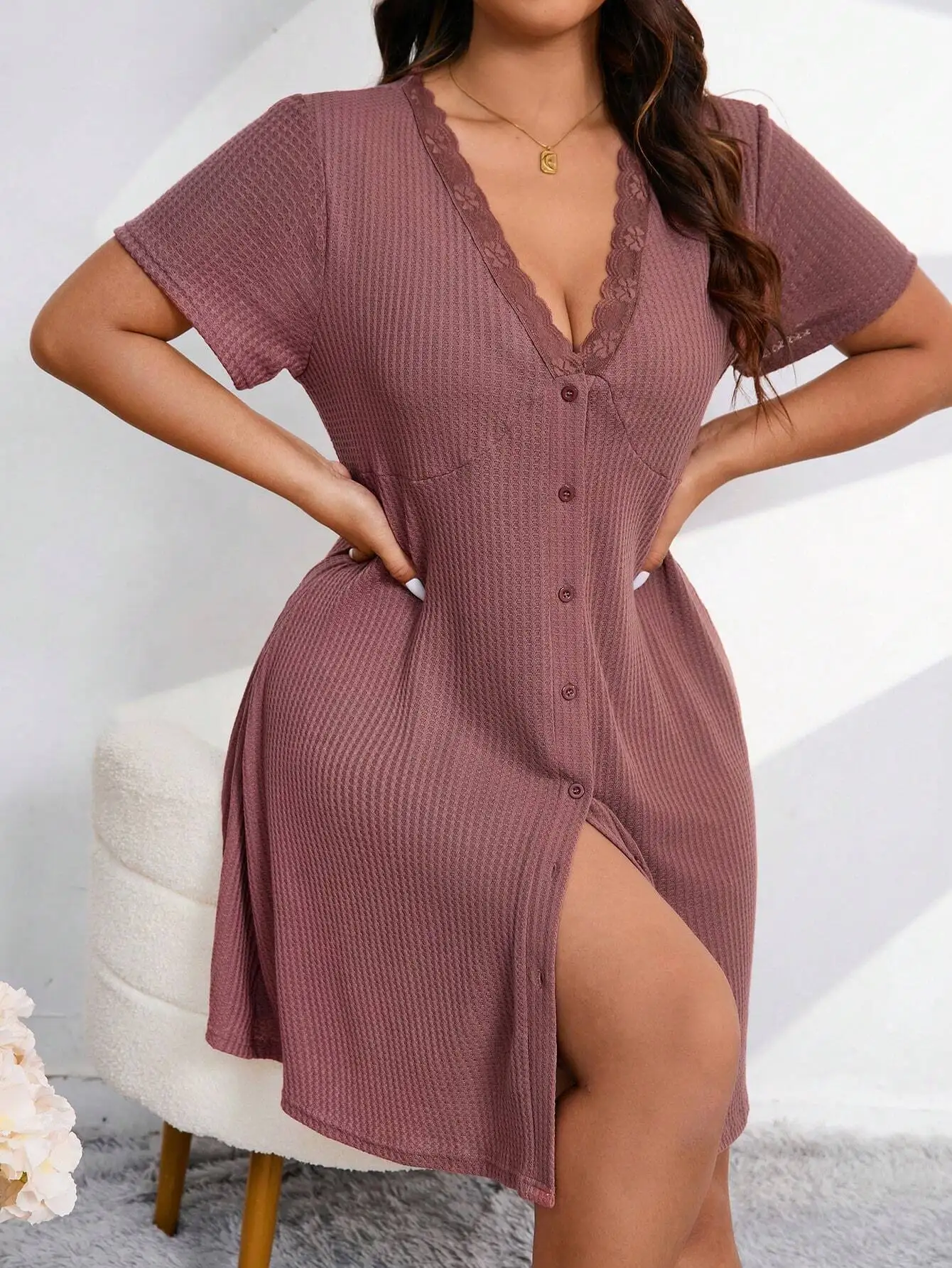 Plus Size V-Neck Knit Sleep Dress with Lace Trim and Front Button Closure
Plus Size V-Neck Knit Sleep Dress with Lace Trim and Front Button Closure