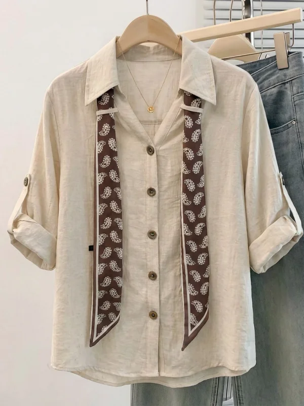 Ladies V-neck Short-sleeved Shirt with Silk Scarf Large Size Commute Style Korean Loose Fit Five-button Closure Color
Ladies V-neck Short-sleeved Shirt with Silk Scarf Large Size Commute Style Korean Loose Fit Five-button Closure Color