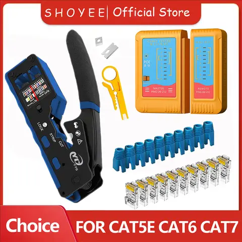 RJ45 Crimp Tool Kit Pass Through Cat6 Crimping Tool For Cat5 Cat5e Cat6 8P8C Connector, All-in-one Ethernet Crimper
