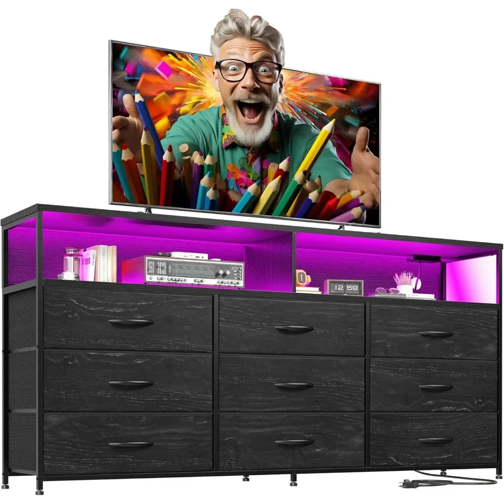 Dresser for Bedroom with Power Outlet & LED Lights TV Stand for Bedroom Dresser with Fabric Drawers
Dresser for Bedroom with Power Outlet & LED Lights TV Stand for Bedroom Dresser with Fabric Drawers