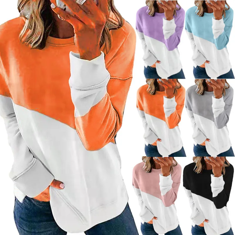 New spring and autumn color matching long-sleeved round neck contrast color loose sweater T-shirt tops
New spring and autumn color matching long-sleeved round neck contrast color loose sweater T-shirt tops