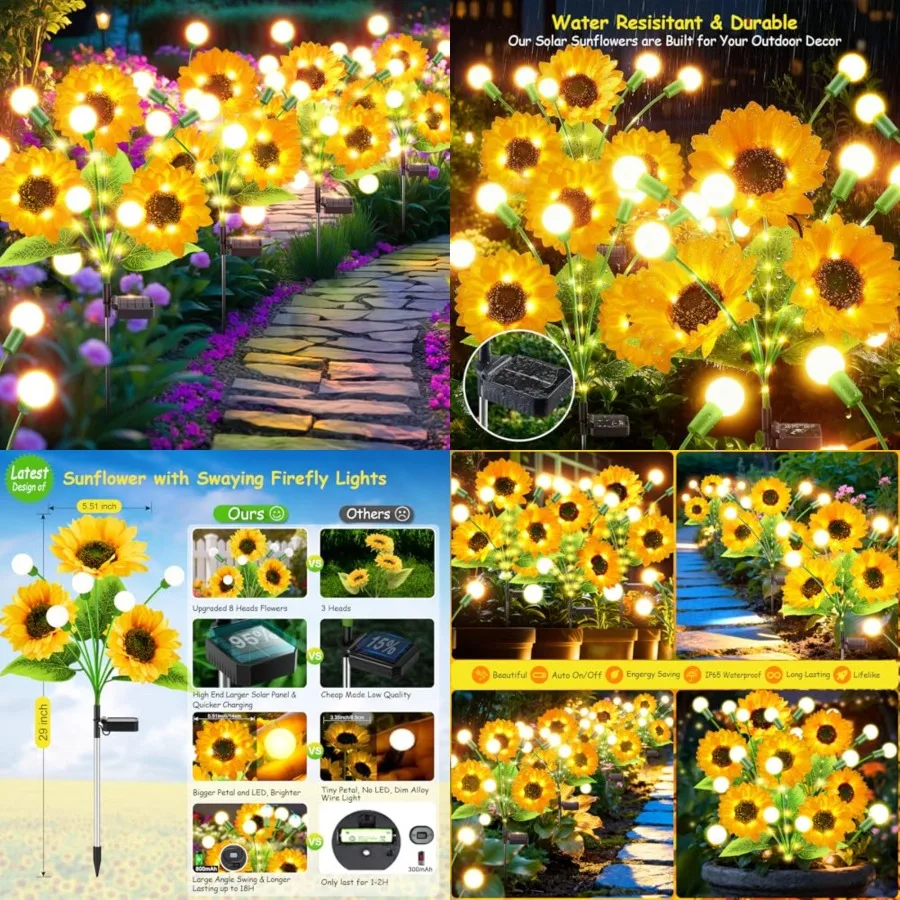 Solar Garden Lights, Upgraded 8 Pack Bigger Solar Sunflowers with Swaying Firefly Lights, Brighter Waterproof Solar Outdoor Lig
Solar Garden Lights, Upgraded 8 Pack Bigger Solar Sunflowers with Swaying Firefly Lights, Brighter Waterproof Solar Outdoor Lig