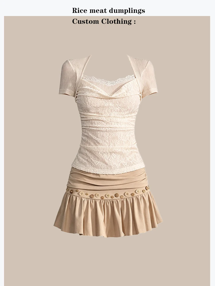 Summer Unique Beautiful Set Waist Cinched Lace Collar Short Sleeve T-Shirt with Ruffle Button Kaki Color Half Skirt Fashion Set
Summer Unique Beautiful Set Waist Cinched Lace Collar Short Sleeve T-Shirt with Ruffle Button Kaki Color Half Skirt Fashion Set