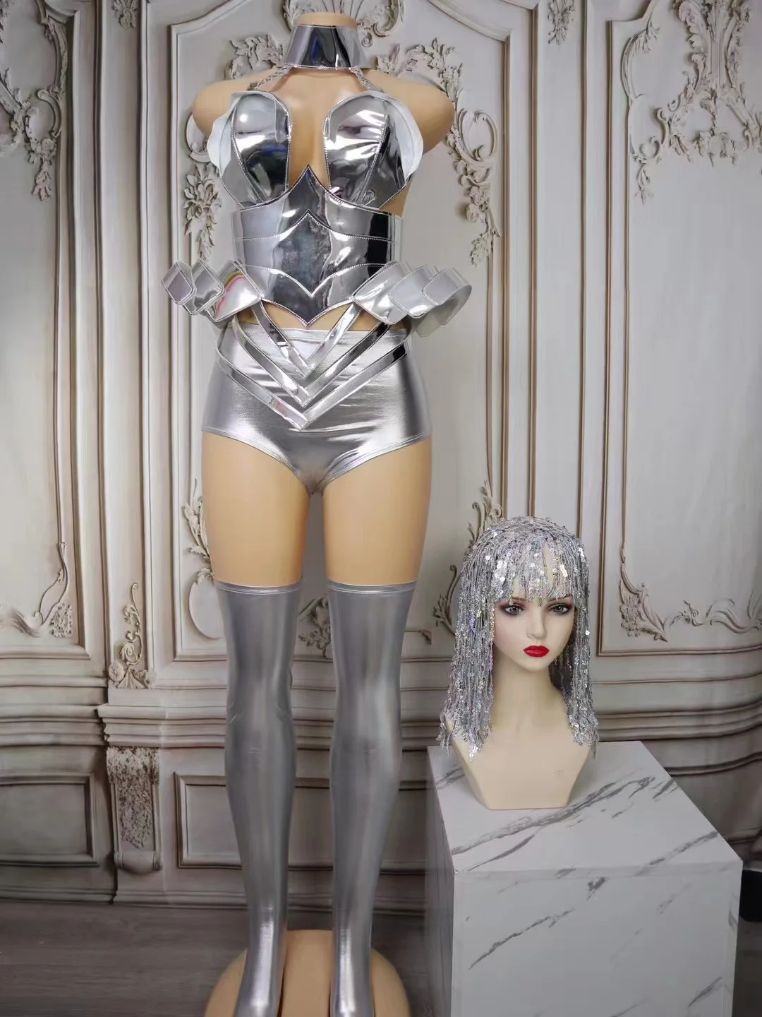 Sliver Gold Laser Leather Bodysuit Top Short Leg Cover Tassel Wigs Bar Rave DancerSinger Stage Wear Cosplay Drag Queen Costume
Sliver Gold Laser Leather Bodysuit Top Short Leg Cover Tassel Wigs Bar Rave DancerSinger Stage Wear Cosplay Drag Queen Costume