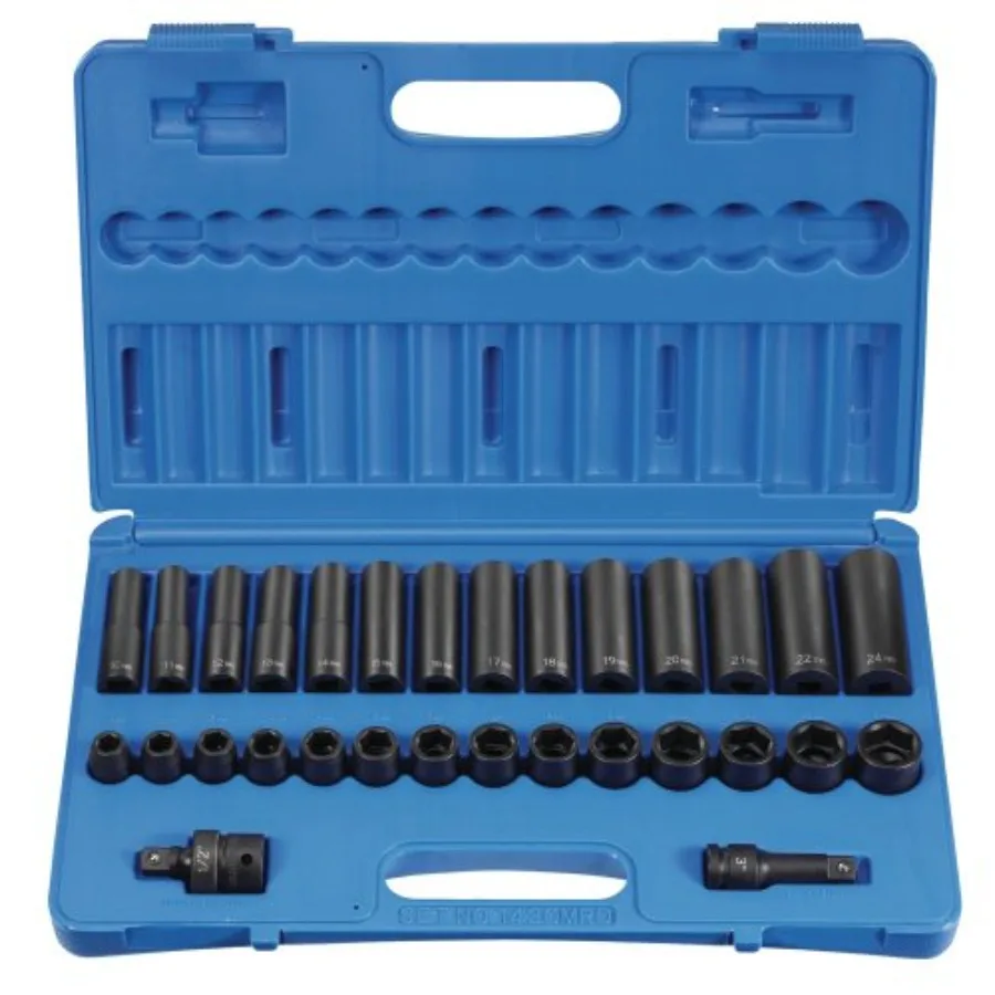 30 Pc. 1/2" Drive 6 Point Metric Standard and Deep Impact Socket Set
30 Pc. 1/2" Drive 6 Point Metric Standard and Deep Impact Socket Set
