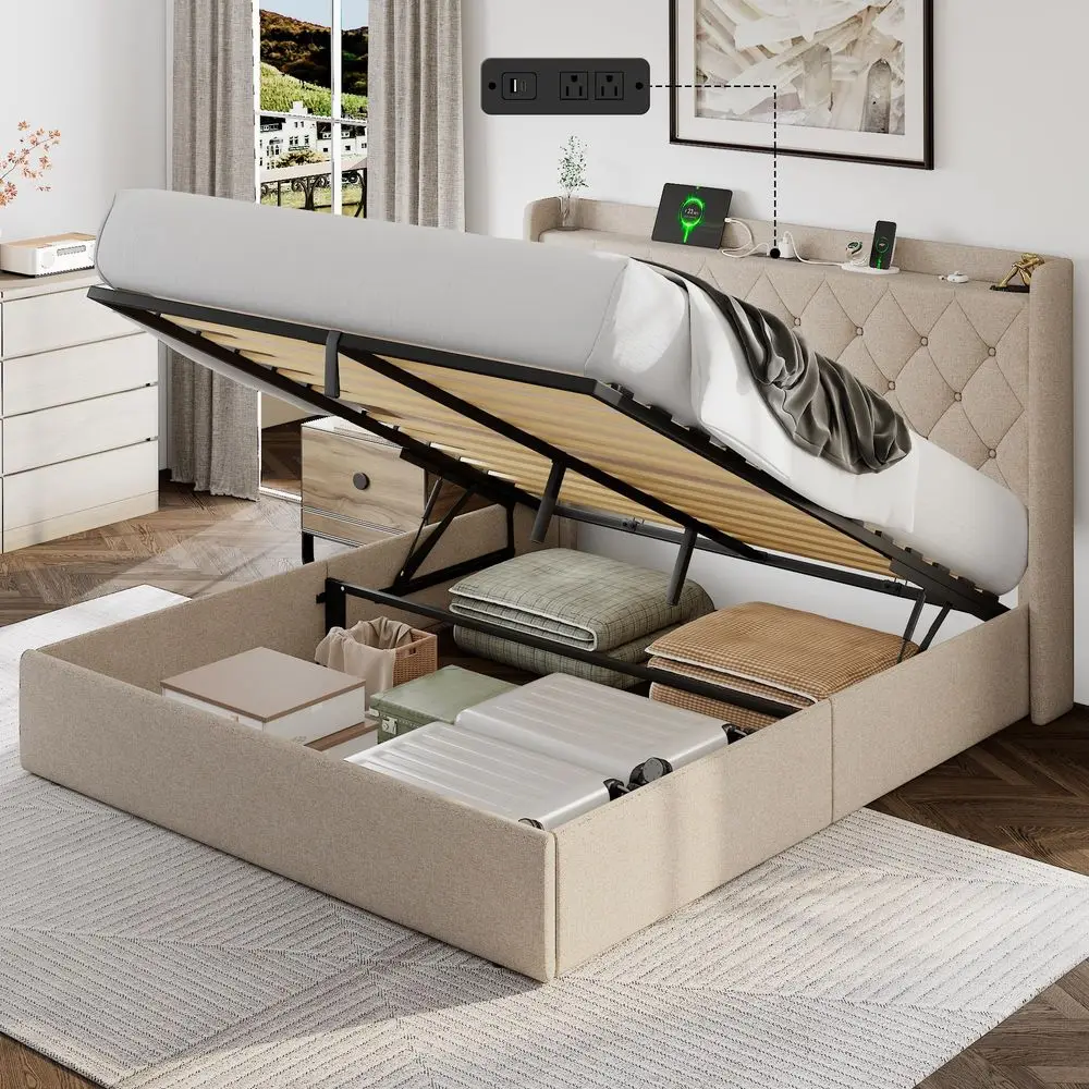 Queen Size Lift Up Storage Bed Frame with Charging Station, Upholstered Bed Frame with Storage, No Box Spring Needed, NoiseFree
Queen Size Lift Up Storage Bed Frame with Charging Station, Upholstered Bed Frame with Storage, No Box Spring Needed, NoiseFree