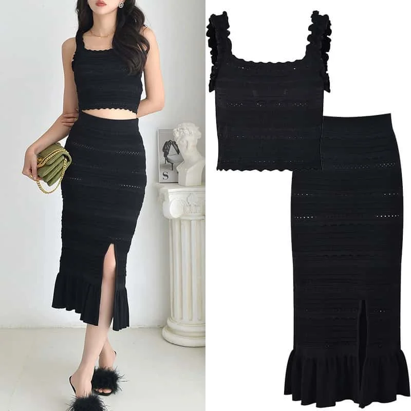 Black Hollow Out Knitted 2 Pieces Set For Women Square Collar Sleeveless Vest Top ro High Waist Casual Skirt Ladies Fashion Suit
Black Hollow Out Knitted 2 Pieces Set For Women Square Collar Sleeveless Vest Top ro High Waist Casual Skirt Ladies Fashion Suit