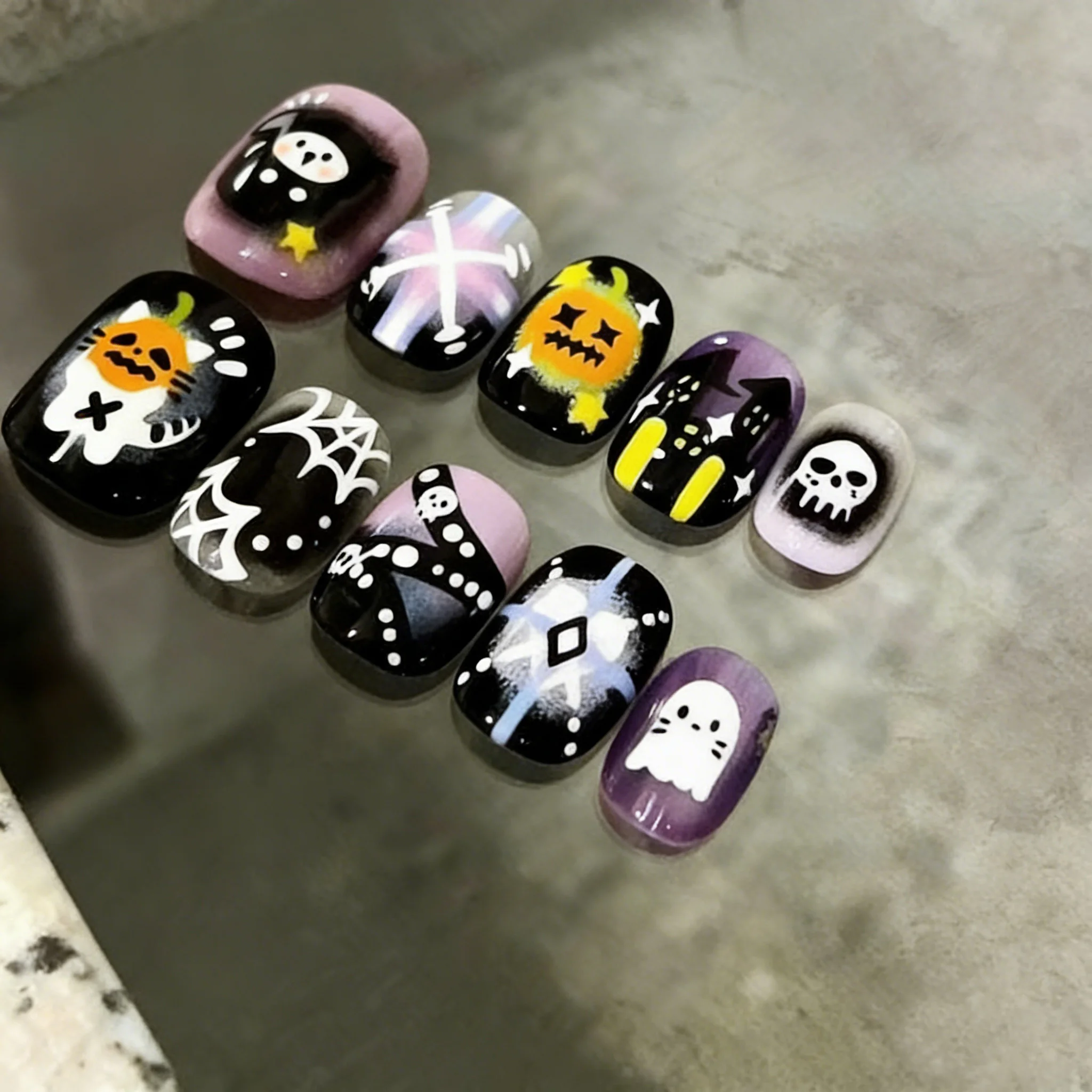 24pcs Cute Cartoon Fake Nail Skull Spider Pumpkin Press on Nail Short Round Full Coverage Nail Tips for Women&Girl Fake Nail
24pcs Cute Cartoon Fake Nail Skull Spider Pumpkin Press on Nail Short Round Full Coverage Nail Tips for Women&Girl Fake Nail