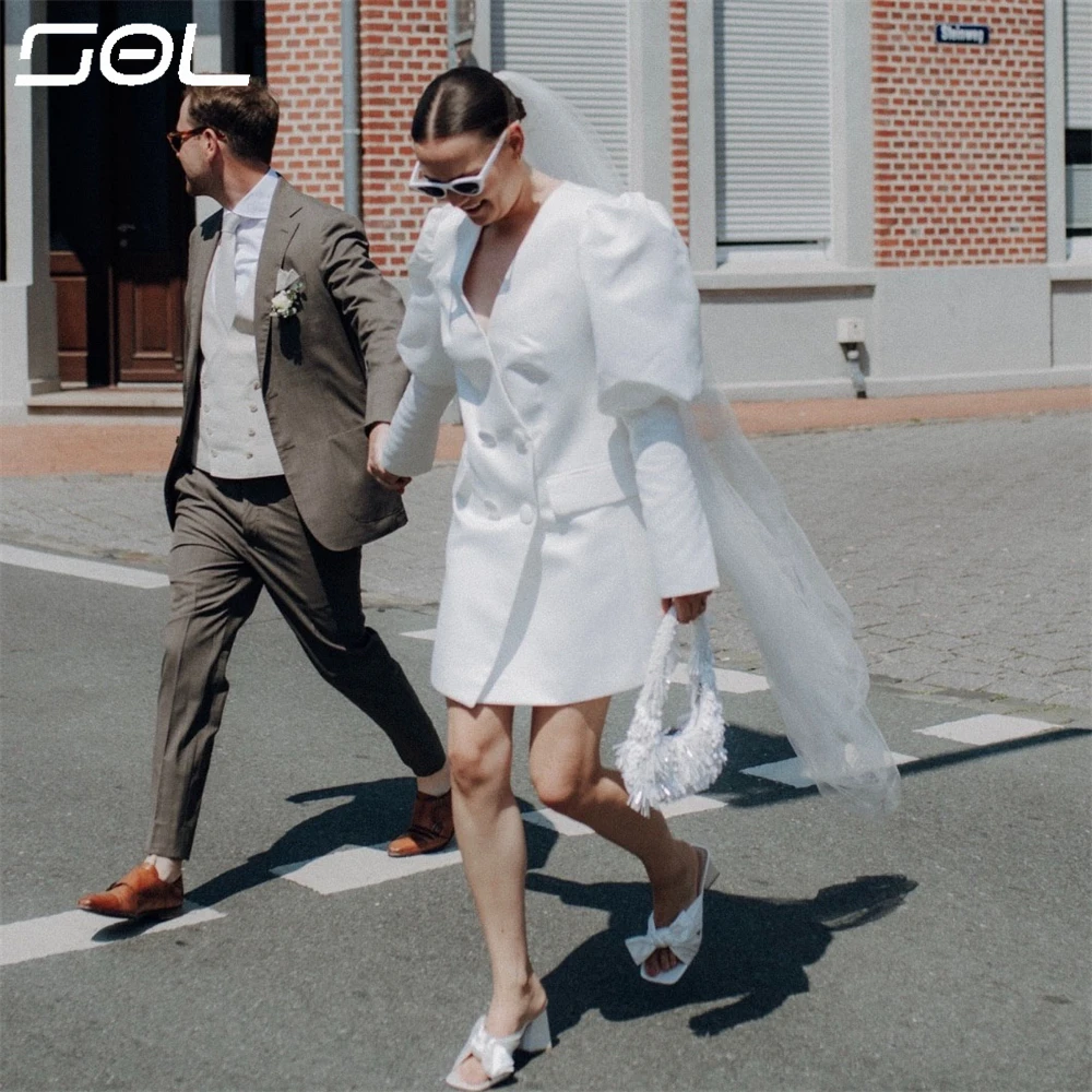 SOL Simple V-Neck Long Puff Sleeves Suit Wedding Dress Elegant Backless Above Knee Mini Bridal Gowns Sexy Custom Made
SOL Simple V-Neck Long Puff Sleeves Suit Wedding Dress Elegant Backless Above Knee Mini Bridal Gowns Sexy Custom Made