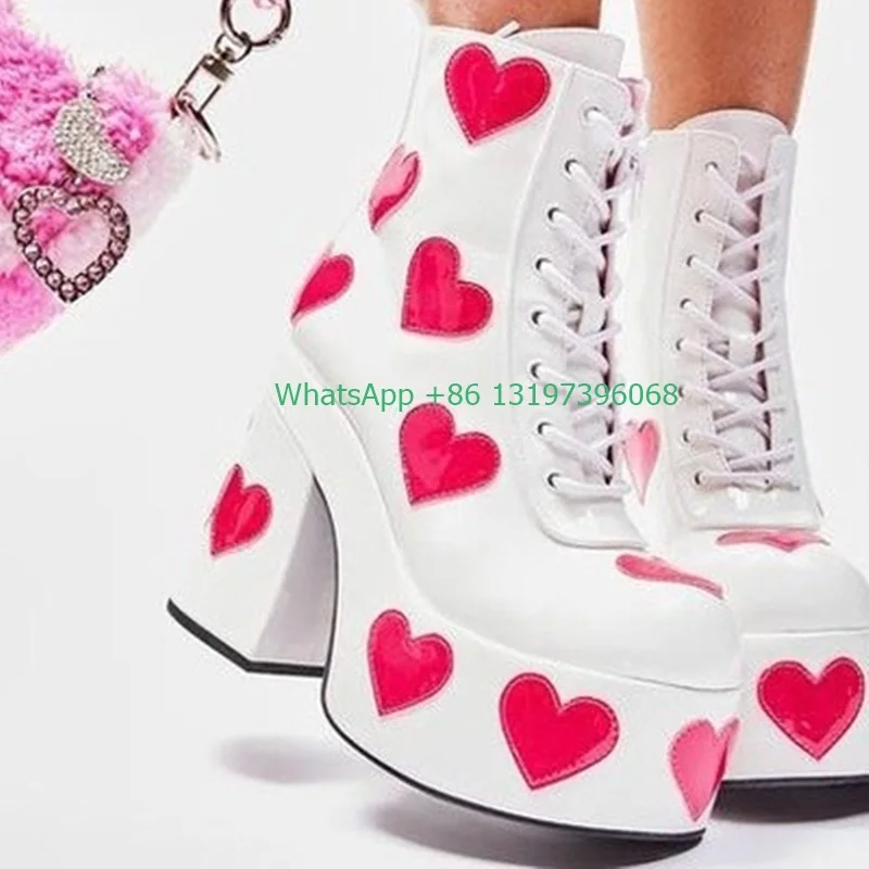 Ladies Patent Leather Heart Print Platform Boots Thick Square Heel Lace-Up Shoes Girls Group Idol Dancing Ankle Boots Plus Size
Ladies Patent Leather Heart Print Platform Boots Thick Square Heel Lace-Up Shoes Girls Group Idol Dancing Ankle Boots Plus Size