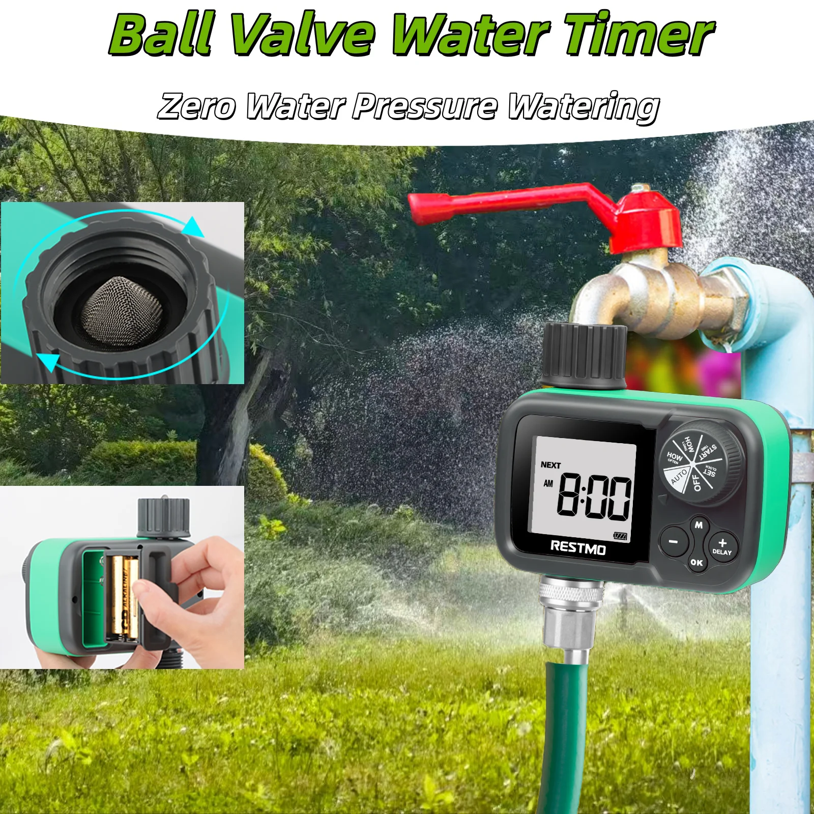 Ball Valve Sprinkler Timer IP54 Auto / Manual / Rain Delay Garden Irrigation Water Valve Controller for Garden Lawn Yard Drip
Ball Valve Sprinkler Timer IP54 Auto / Manual / Rain Delay Garden Irrigation Water Valve Controller for Garden Lawn Yard Drip