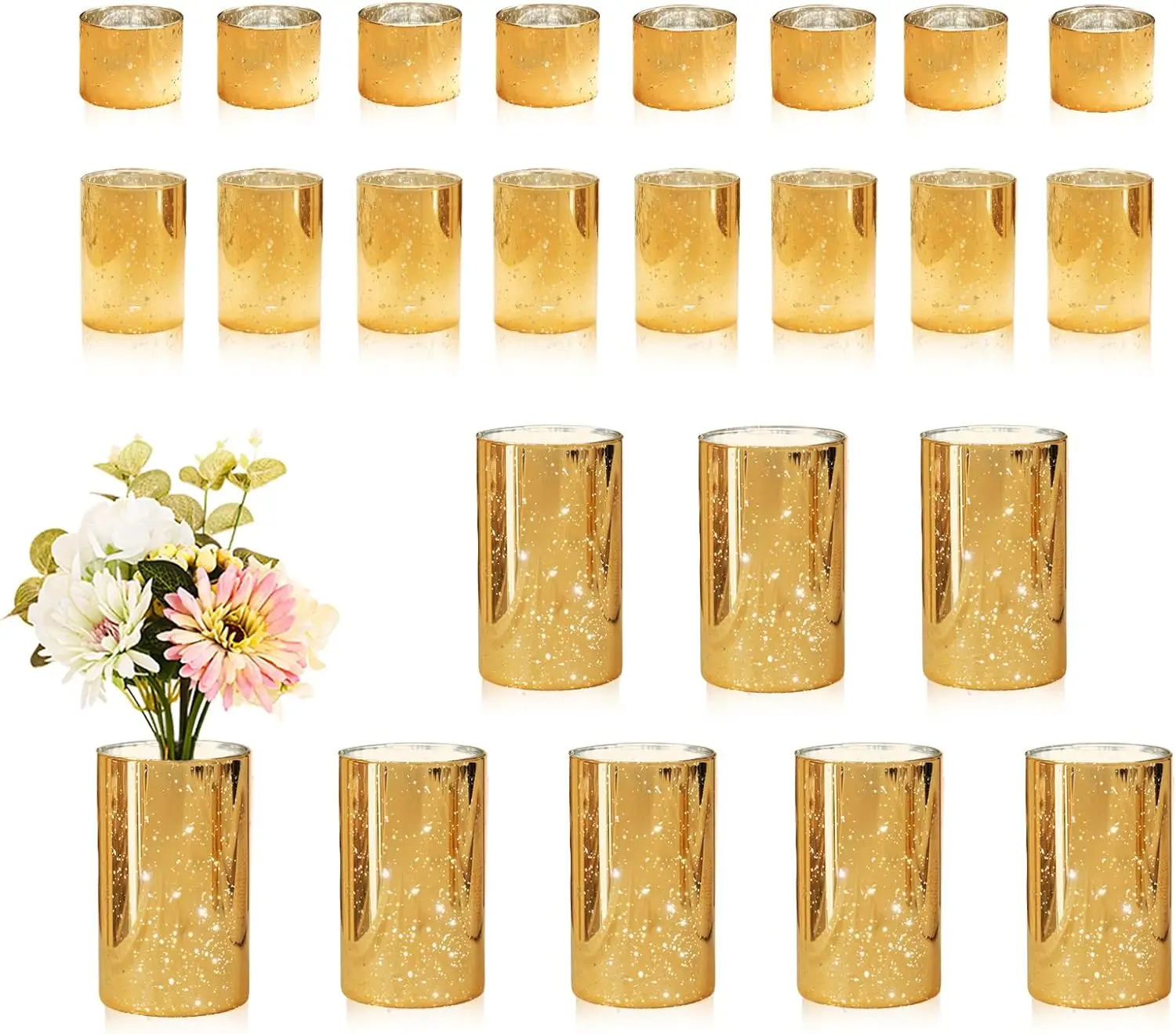 Gold Cylinder Vases Glass Candle Holders Bulk, Mercury Hurricane Candle Holder Small Flower Vases for Centerpieces Tea Light Pillar Votive Candles Wedding Decor Party (8 Set 24Pcs)
Gold Cylinder Vases Glass Candle Holders Bulk, Mercury Hurricane Candle Holder Small Flower Vases for Centerpieces Tea Light Pillar Votive Candles Wedding Decor Party (8 Set 24Pcs)