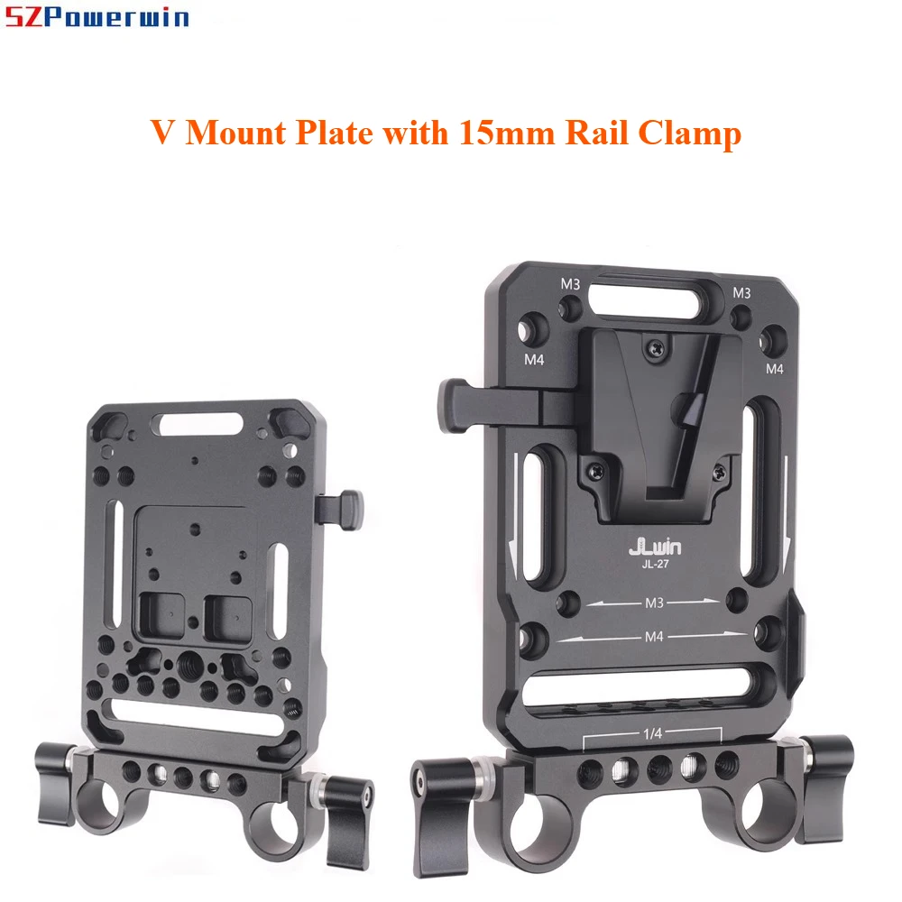 V Mount Plate with 15mm Rail Clamp - Dual Function Battery Mount & Base Plate for DSLR Camera Rig, V-Mount Battery