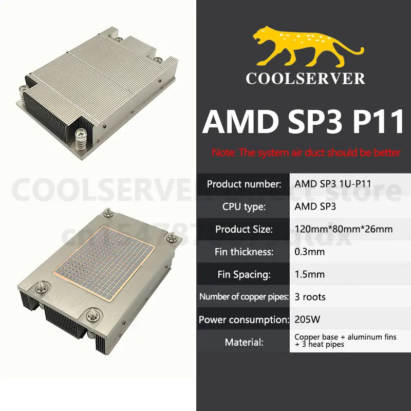 COOLSERVER AMD SP3 1U-P11 CPU Server Cooler TDP 205W Radiator Copper base + Aluminium fins + 4 heatpipes
COOLSERVER AMD SP3 1U-P11 CPU Server Cooler TDP 205W Radiator Copper base + Aluminium fins + 4 heatpipes