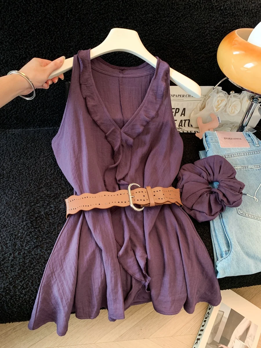 Summer V-neck Sleeveless Shirt Women's Light Maturity Style with Belt Atmosphere Sense Top Trendy Polyester Fiber Midi Length
Summer V-neck Sleeveless Shirt Women's Light Maturity Style with Belt Atmosphere Sense Top Trendy Polyester Fiber Midi Length