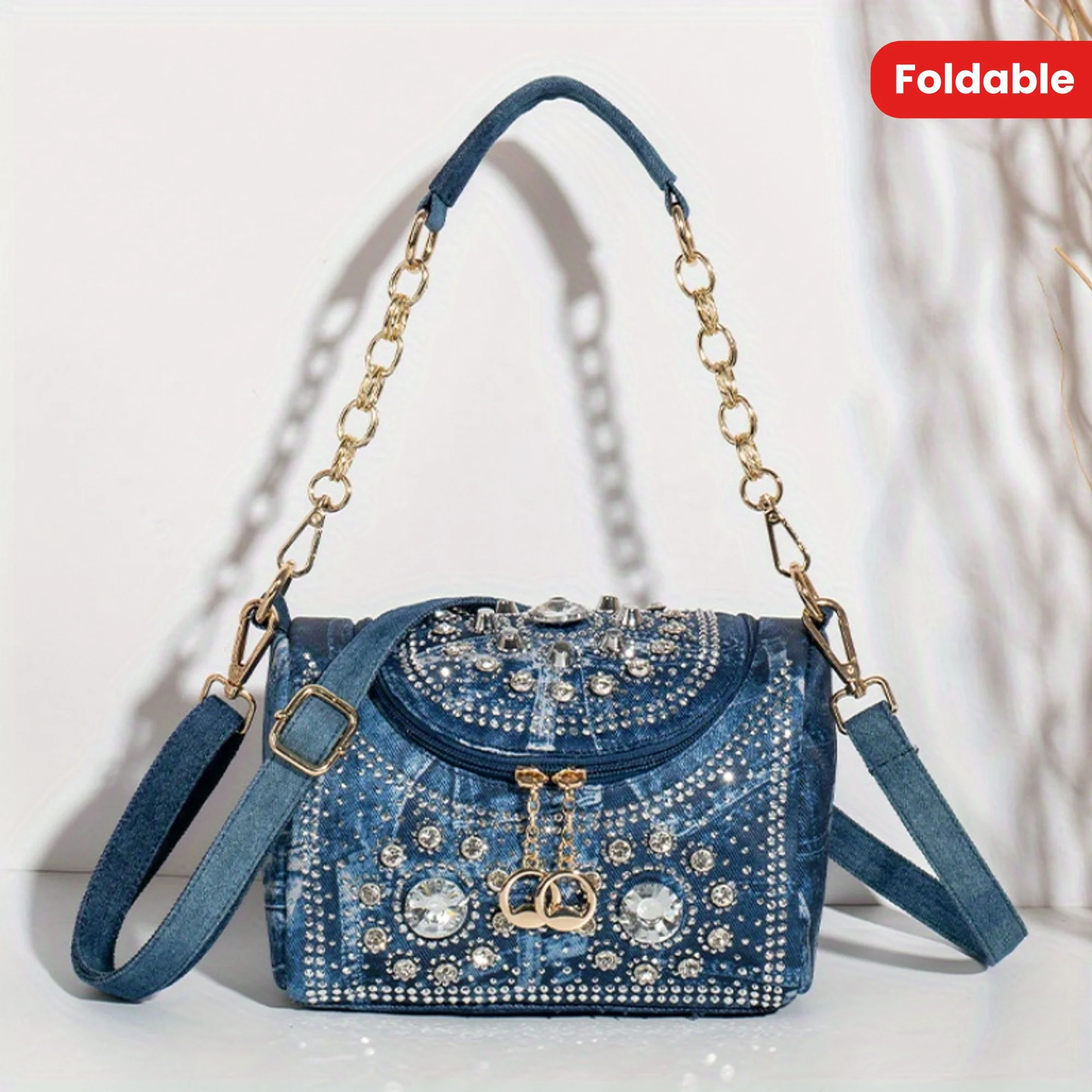 Elegant blue denim shoulder bag embellished with rhinestones Foldable mini crossbody bag with zip closure Floral print wallet
Elegant blue denim shoulder bag embellished with rhinestones Foldable mini crossbody bag with zip closure Floral print wallet