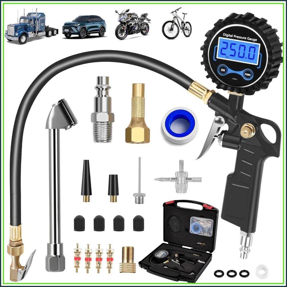250 PSI Digital Tire Pressure Gauge with Inflator, Heavy Duty 360° Air Chuck, Extended Hose, 0.1 Display Resolution, Storage Box
250 PSI Digital Tire Pressure Gauge with Inflator, Heavy Duty 360° Air Chuck, Extended Hose, 0.1 Display Resolution, Storage Box