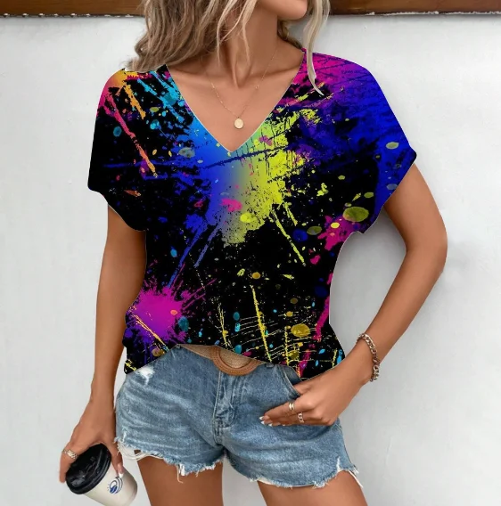 3D tie dye casual AliExpress summer hot selling loose and fashionable V-neck short sleeved T-shirt top
3D tie dye casual AliExpress summer hot selling loose and fashionable V-neck short sleeved T-shirt top