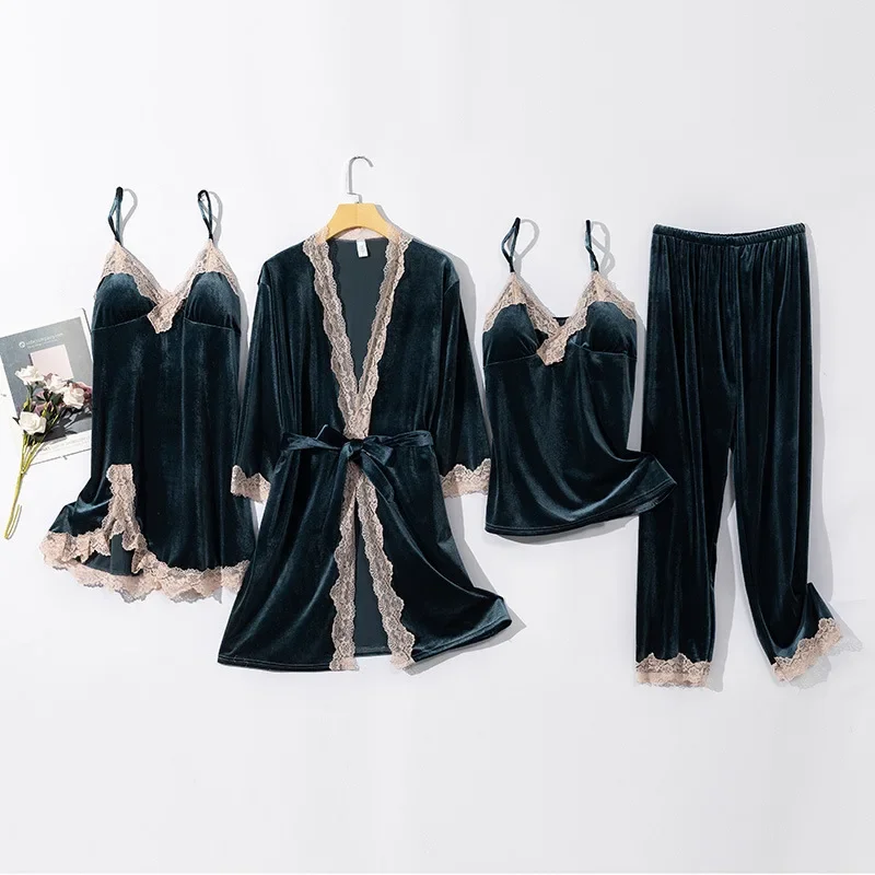 Golden Velvet Lace Pajamas Women's Autumn and Winter Long Sleeved Pajamas Four Piece Set Sexy Long Pants Home Clothing
Golden Velvet Lace Pajamas Women's Autumn and Winter Long Sleeved Pajamas Four Piece Set Sexy Long Pants Home Clothing