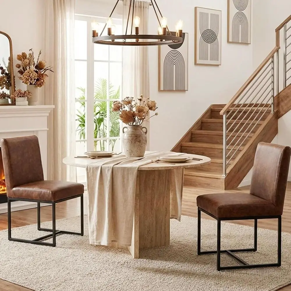 Mid-Century Modern Brown Leather Upholstered Dining Chairs with Adjustable Foot Pads, Set of 2
Mid-Century Modern Brown Leather Upholstered Dining Chairs with Adjustable Foot Pads, Set of 2