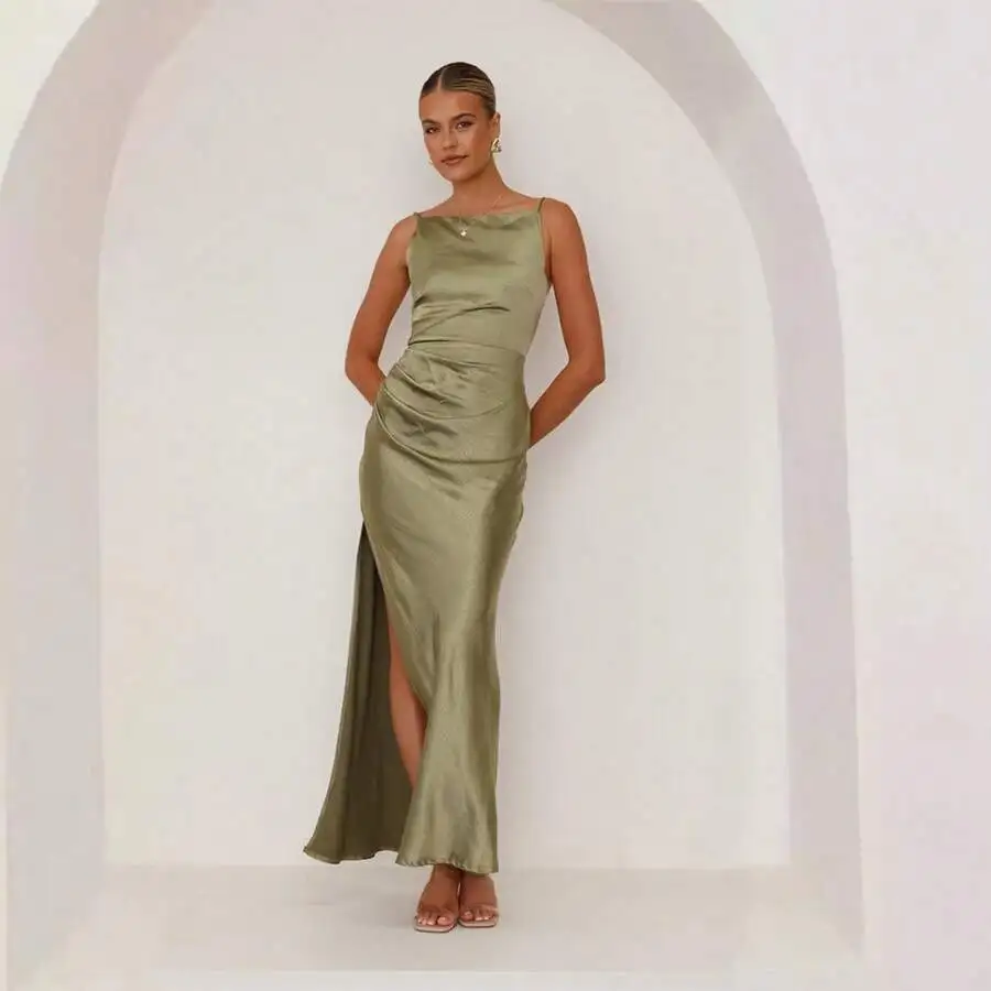 Olive Green Solid Sleeveless Backless Slit Maxi Dress For Prom Evening
Olive Green Solid Sleeveless Backless Slit Maxi Dress For Prom Evening
