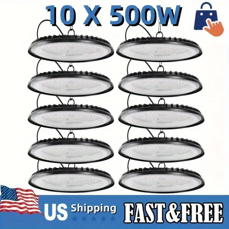 Set of 10, 500W UFO LED High Bay, Featuring a 120° Wide Beam Angle, 6500K Cool White Color Temperature, And 28000 Lumens Output. Made from Matte Black Aviation Aluminum with a Cooling Fan, Designed for Semi-Flush Mounting in Warehouses, Garages
Set of 10, 500W UFO LED High Bay, Featuring a 120° Wide Beam Angle, 6500K Cool White Color Temperature, And 28000 Lumens Output. Made from Matte Black Aviation Aluminum with a Cooling Fan, Designed for Semi-Flush Mounting in Warehouses, Garages