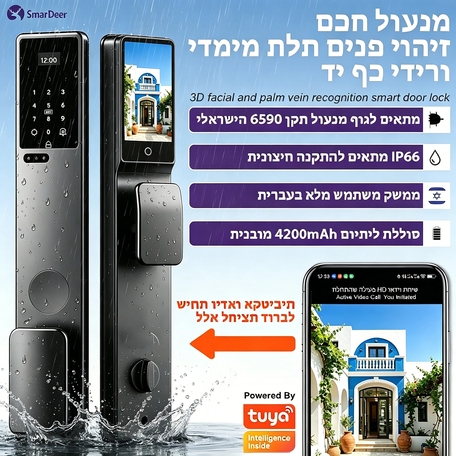 SmarDeer Smart Door Lock IP66 Waterproof For Israel 6590 Mortise Hebrew Voice Menu 3D Face Palm Vein Digital Keyless Lock
SmarDeer Smart Door Lock IP66 Waterproof For Israel 6590 Mortise Hebrew Voice Menu 3D Face Palm Vein Digital Keyless Lock