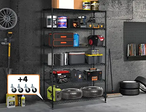 Heavy Duty 6-Tier Black Wire Storage Shelf, Adjustable Height, 18x48x77, 6000 Lbs Capacity For Garage Kitchen Warehouse
Heavy Duty 6-Tier Black Wire Storage Shelf, Adjustable Height, 18x48x77, 6000 Lbs Capacity For Garage Kitchen Warehouse