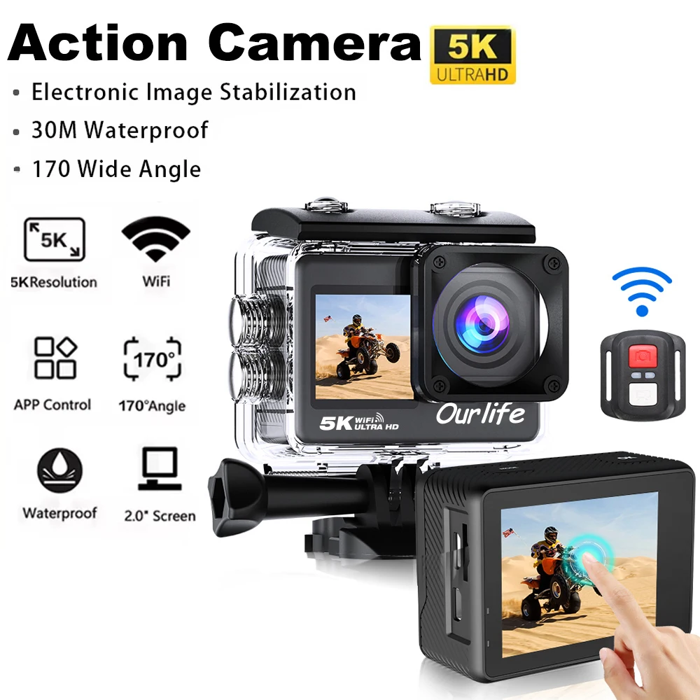 Экшн-камера 5K 4K60FPS EIS Wi-Fi двойной экран 170D 2,0 дюйма сенсорный экран 30 м водонепроницаемая Спортивная камера с дистанционным управлением
Экшн-камера 5K 4K60FPS EIS Wi-Fi двойной экран 170D 2,0 дюйма сенсорный экран 30 м водонепроницаемая Спортивная камера с дистанционным управлением
