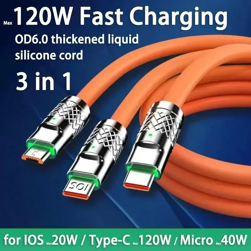 3 in 1 120W 6A Fast Charging Type C Cable Micro USB for iPhone Charging Cable for Samsung Huawei Xiaomi Phone Charger USB Cable
3 in 1 120W 6A Fast Charging Type C Cable Micro USB for iPhone Charging Cable for Samsung Huawei Xiaomi Phone Charger USB Cable