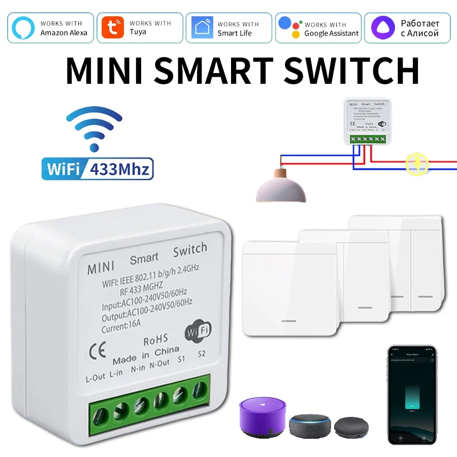 Tuya WiFi Smart Switch RF433 16A Mini Relay Receiver Smart Home Light Switch Module Work with Smart Life Alexa Google Home Alice
Tuya WiFi Smart Switch RF433 16A Mini Relay Receiver Smart Home Light Switch Module Work with Smart Life Alexa Google Home Alice
