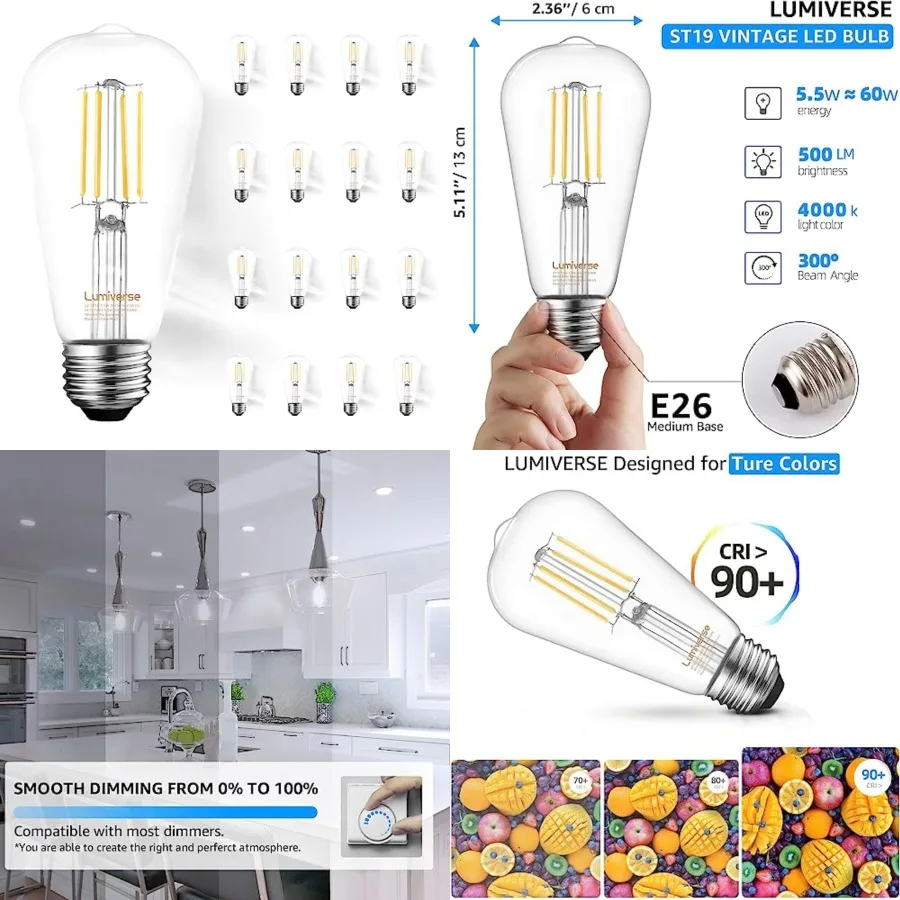 ST19 Dimmable LED Edison Bulb, 5.5W 60W Equivalent 500LM, CRI 95+,,E26 Medium Base, Vintage Filament, Clear Glass, Standard Typ
ST19 Dimmable LED Edison Bulb, 5.5W 60W Equivalent 500LM, CRI 95+,,E26 Medium Base, Vintage Filament, Clear Glass, Standard Typ
