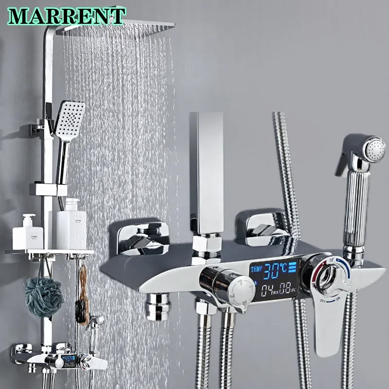 Chrome Digital Bathroom Faucets Solid Brass Thermostatic Bath Shower System Rain Shower Head Hot Cold Chrome Digital Shower Set
Chrome Digital Bathroom Faucets Solid Brass Thermostatic Bath Shower System Rain Shower Head Hot Cold Chrome Digital Shower Set