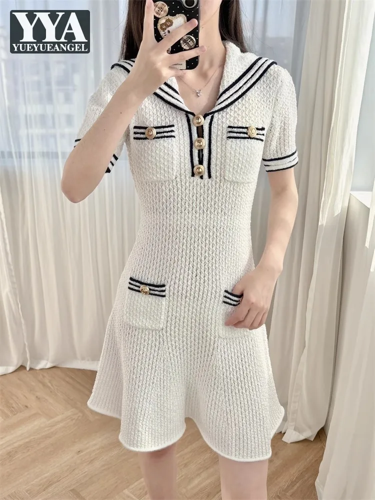 Hot Sale Fashion Striped Navy Collar Short Sleeve Knitted Dress A-Line Slim Fit Pocket Button Sweet Ladies Summer Mini Dresses
Hot Sale Fashion Striped Navy Collar Short Sleeve Knitted Dress A-Line Slim Fit Pocket Button Sweet Ladies Summer Mini Dresses
